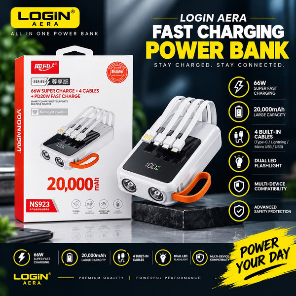 LOGIN AERA NS923 20000mAh 66W Fast Charging Power Bank with 4 Built-in Cables & Dual LED Flashlight
