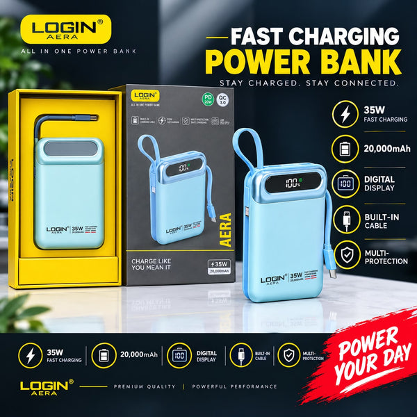 LOGIN AERA 20000mAh 35W Fast Charging Power Bank with Digital Display & Built-in Cable
