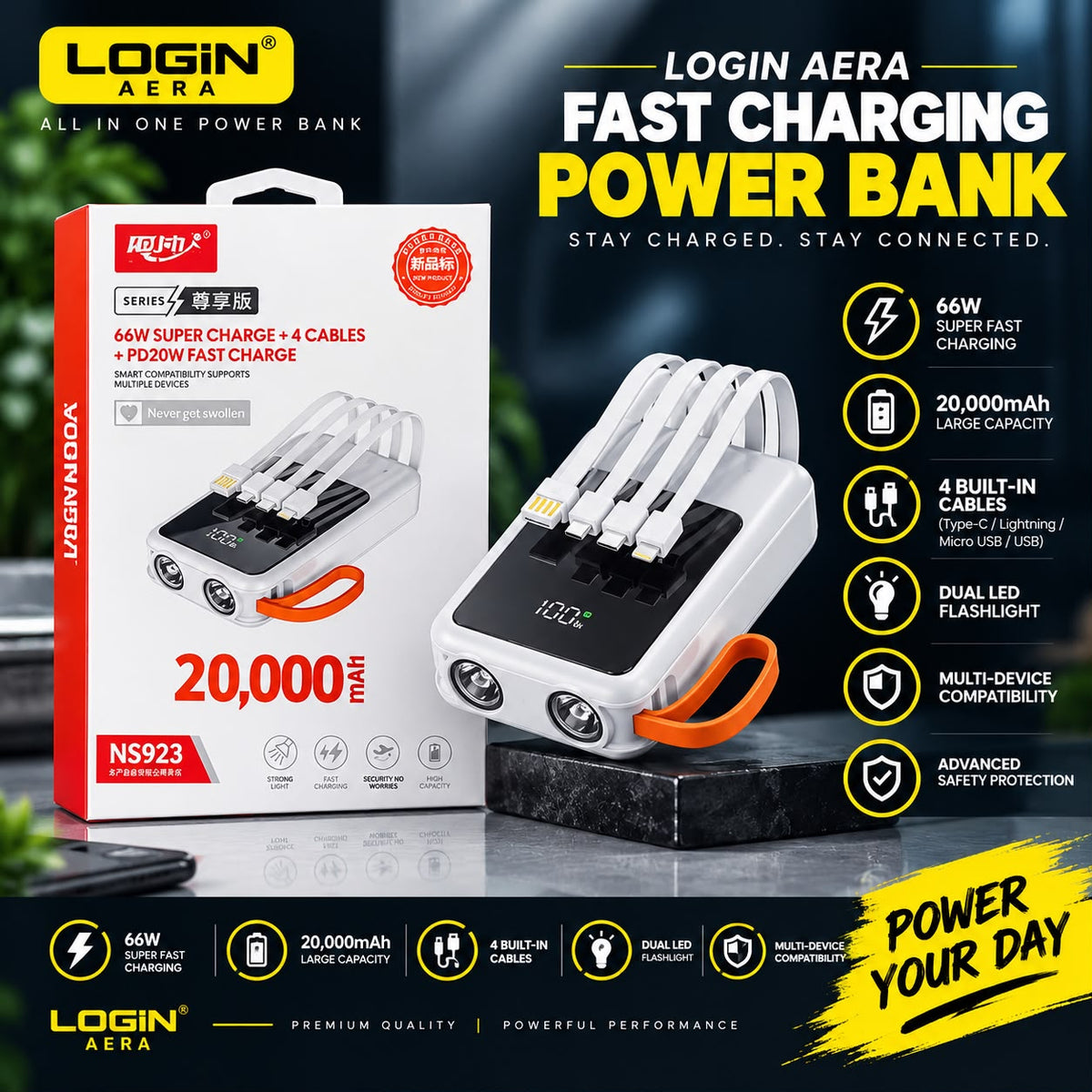 LOGIN AERA NS923 20000mAh 66W Fast Charging Power Bank with 4 Built-in Cables & Dual LED Flashlight