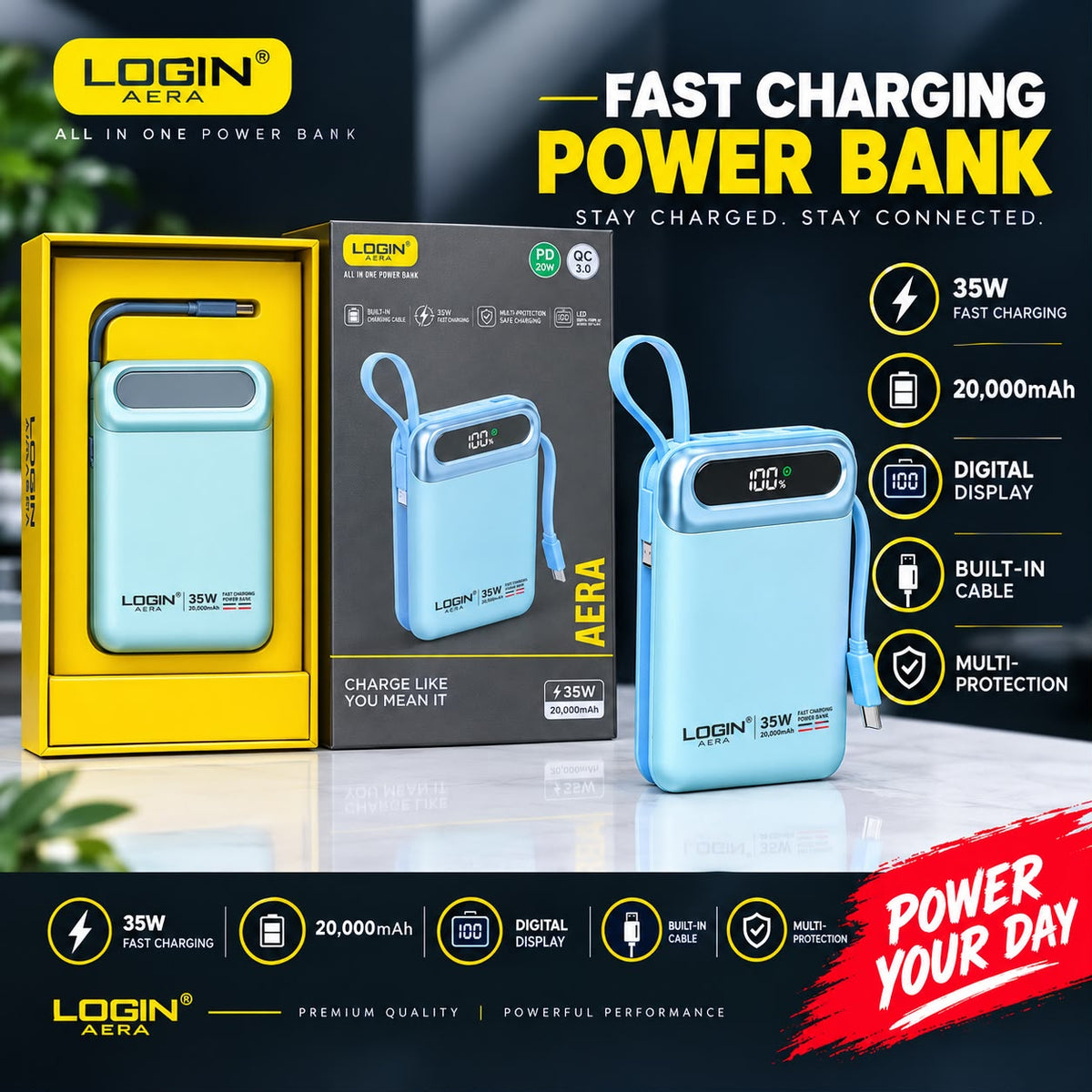 LOGIN AERA 20000mAh 35W Fast Charging Power Bank with Digital Display & Built-in Cable
